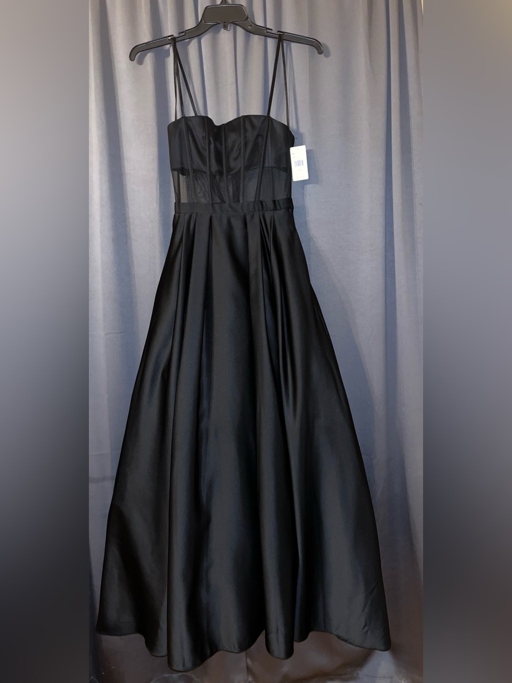 Blondie Nites Black Satin A-Line Prom Dress with Sheer Bodice Panels